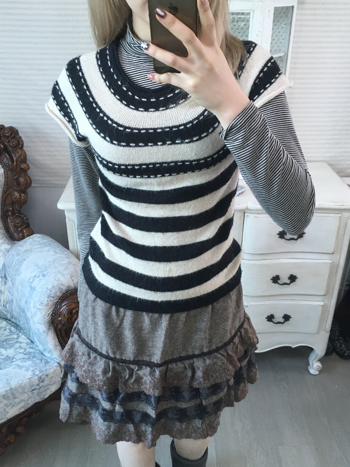 일본빈티지 블랙 아이보리 스티치 하프 니트 상품이미지2