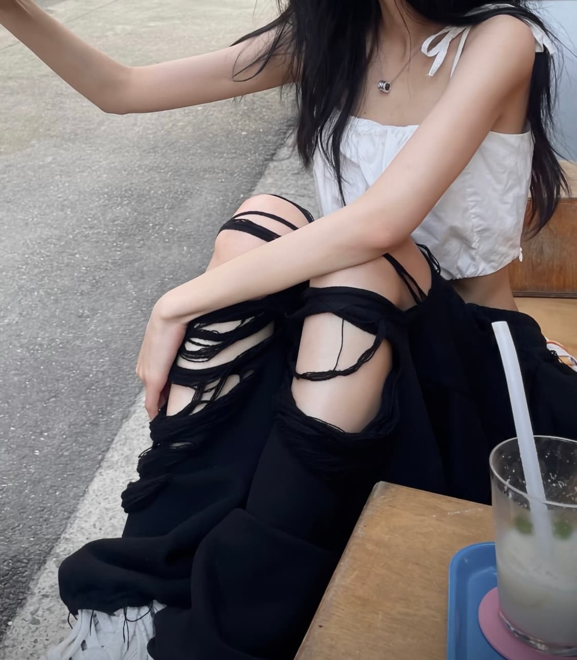 트리밍버드 블랙 데미지 와이드 팬츠 상품이미지1