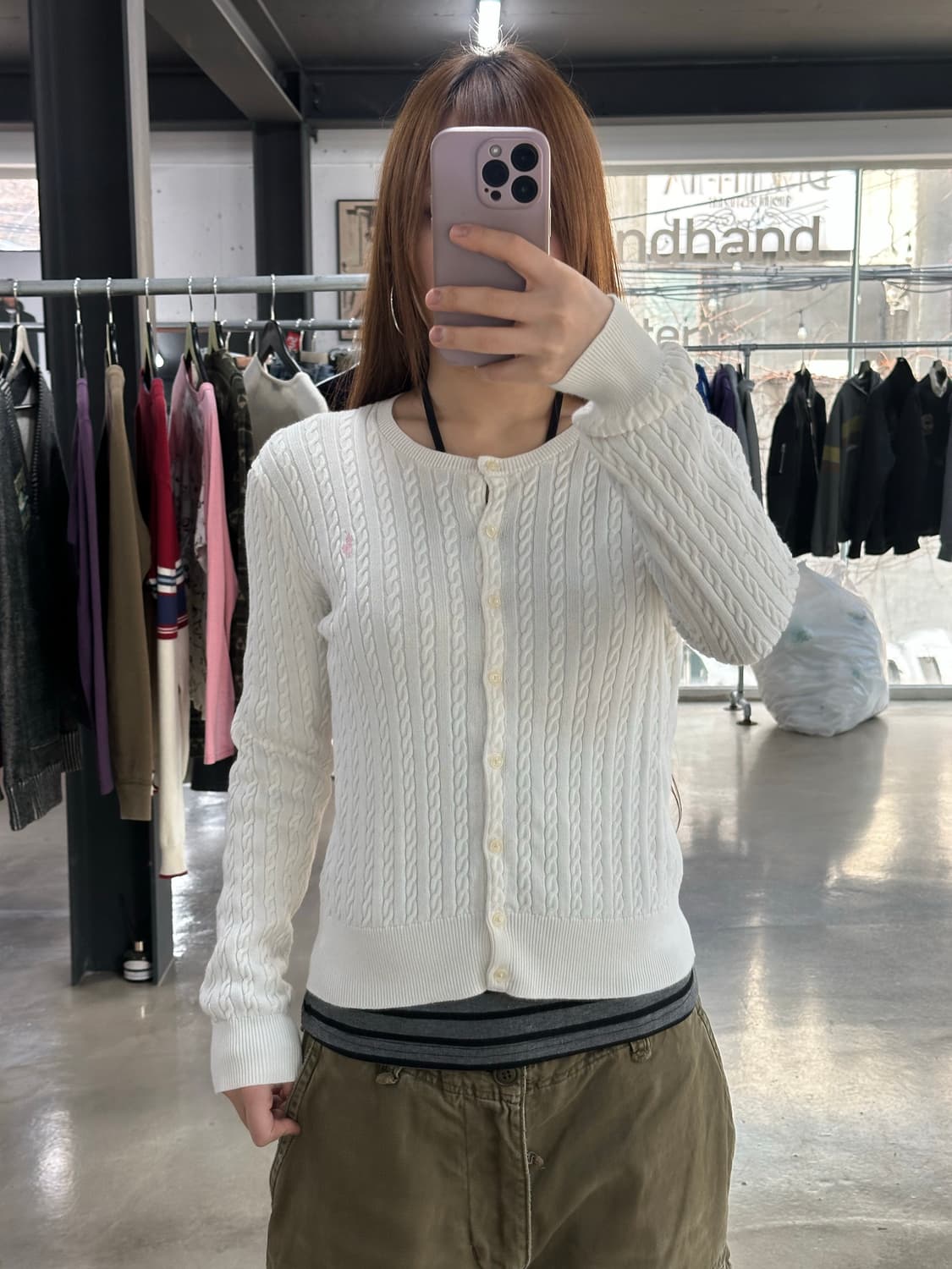 폴로랄프로렌 케이블 버튼 가디건 화이트핑크 상품이미지1