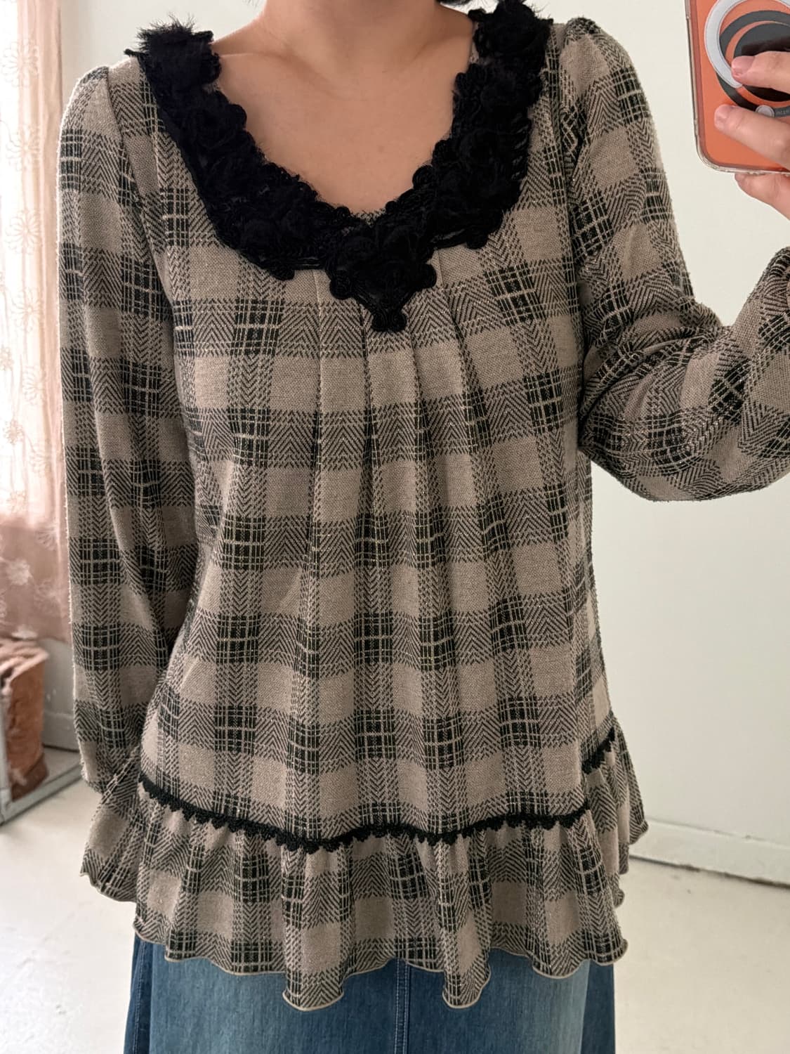 일본빈티지 엑시즈팜 체크 프릴 블라우스 상품이미지2