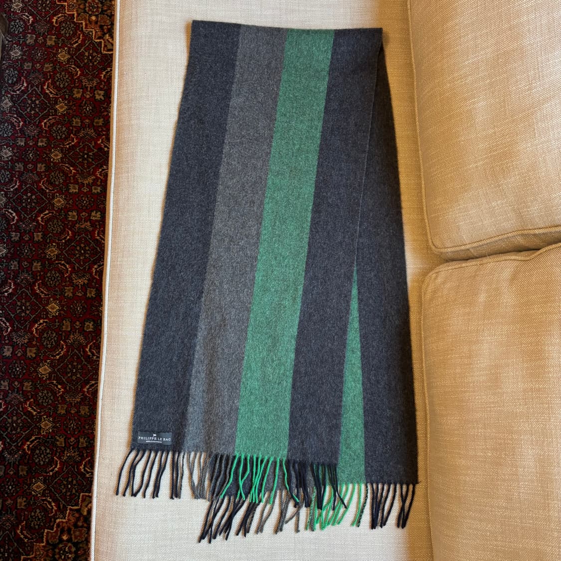 필립 르 백 캐시미어 100 % 머플러 그린 블랙 배색 상품이미지5