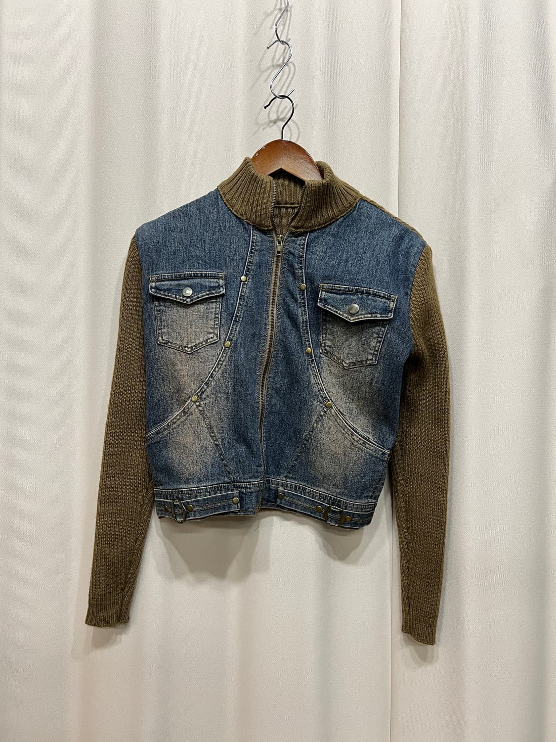 빈티지 여성 니트 레이어드 워싱 데님자켓  상품이미지2