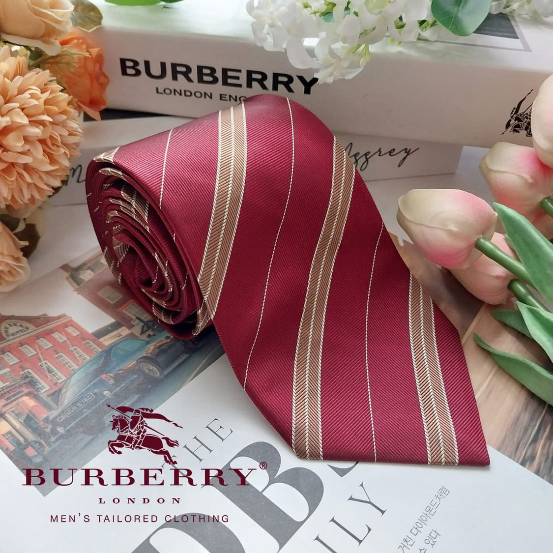 버버리 실크 버건디 스트라이프 넥타이 9cm A+~A등급 K1465
 상품이미지1