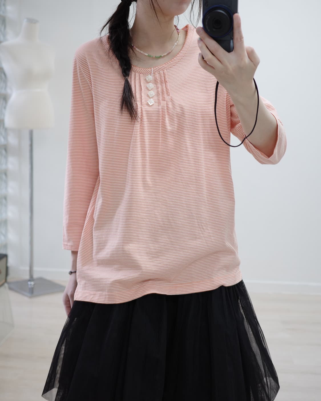 Coral square button stripped t-shirt 상품이미지3