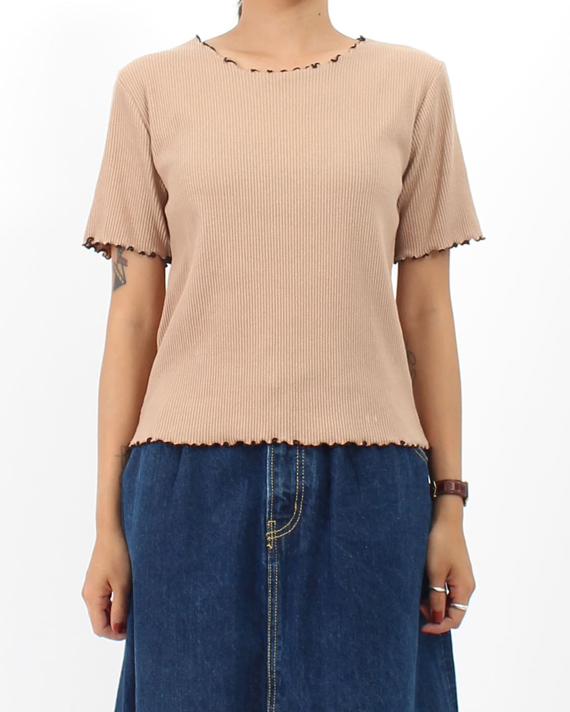 일본 빈티지 베이지 골지 프릴 반팔 티셔츠 상품이미지6