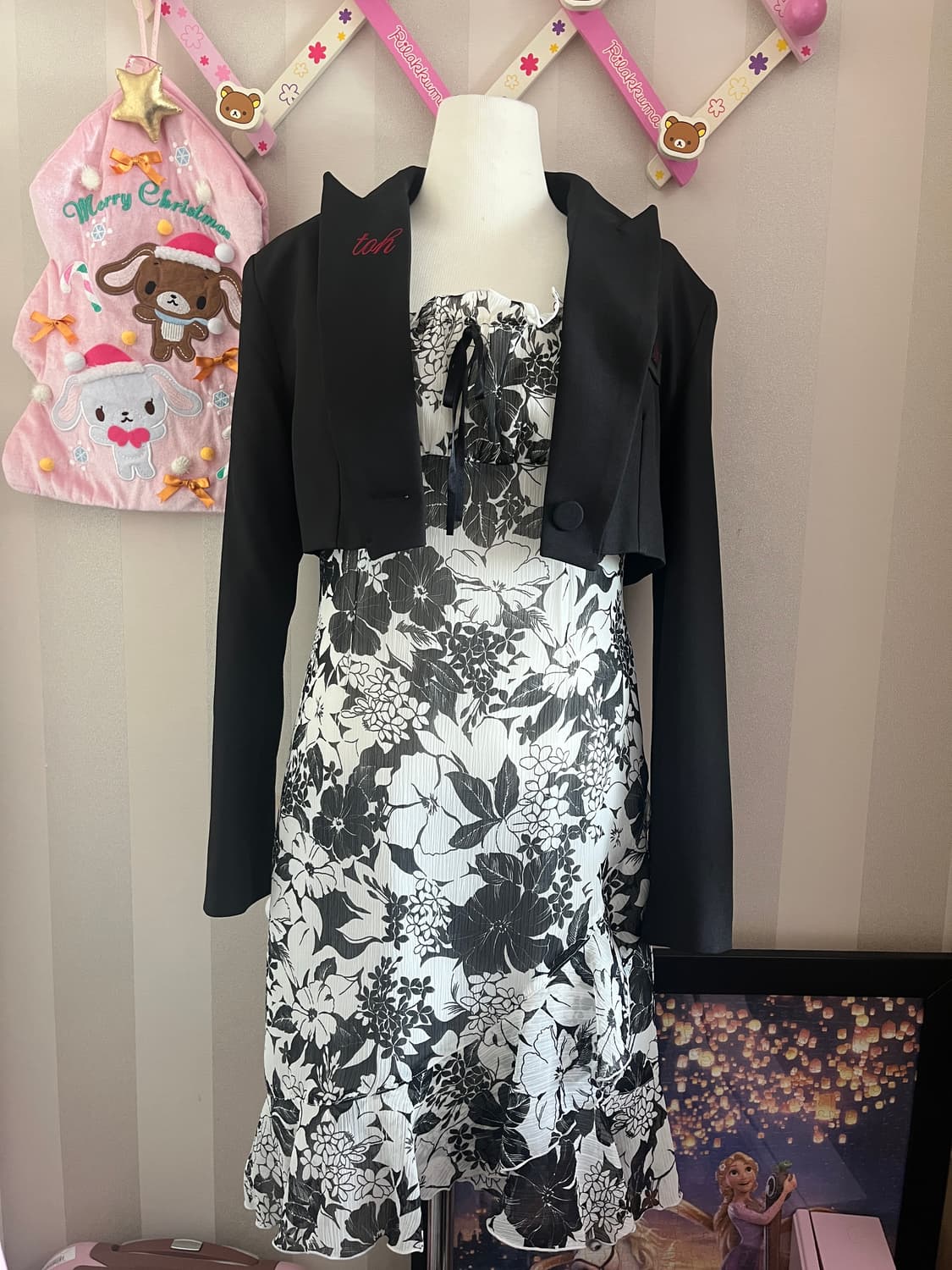 빈티지오리엔탈코디세트 블랙크롭자켓플로럴원피스 상품이미지2