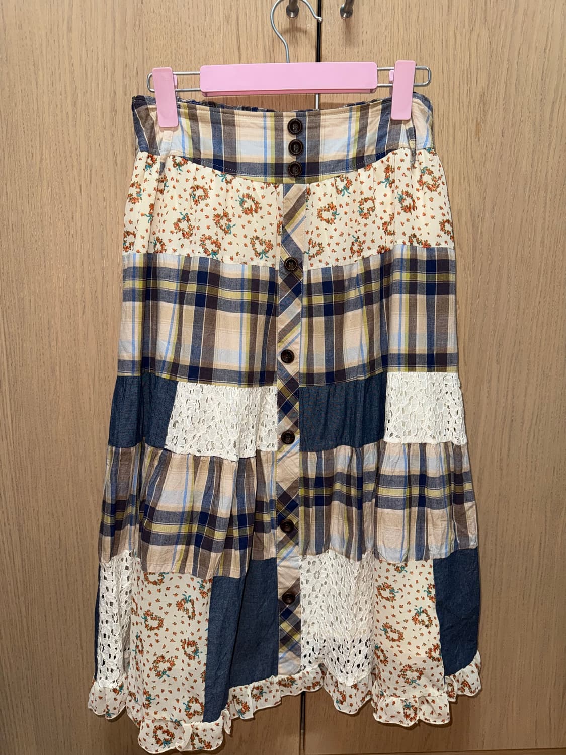 모리 패치워크 플라워 체크 롱 스커트 데님 상품이미지1