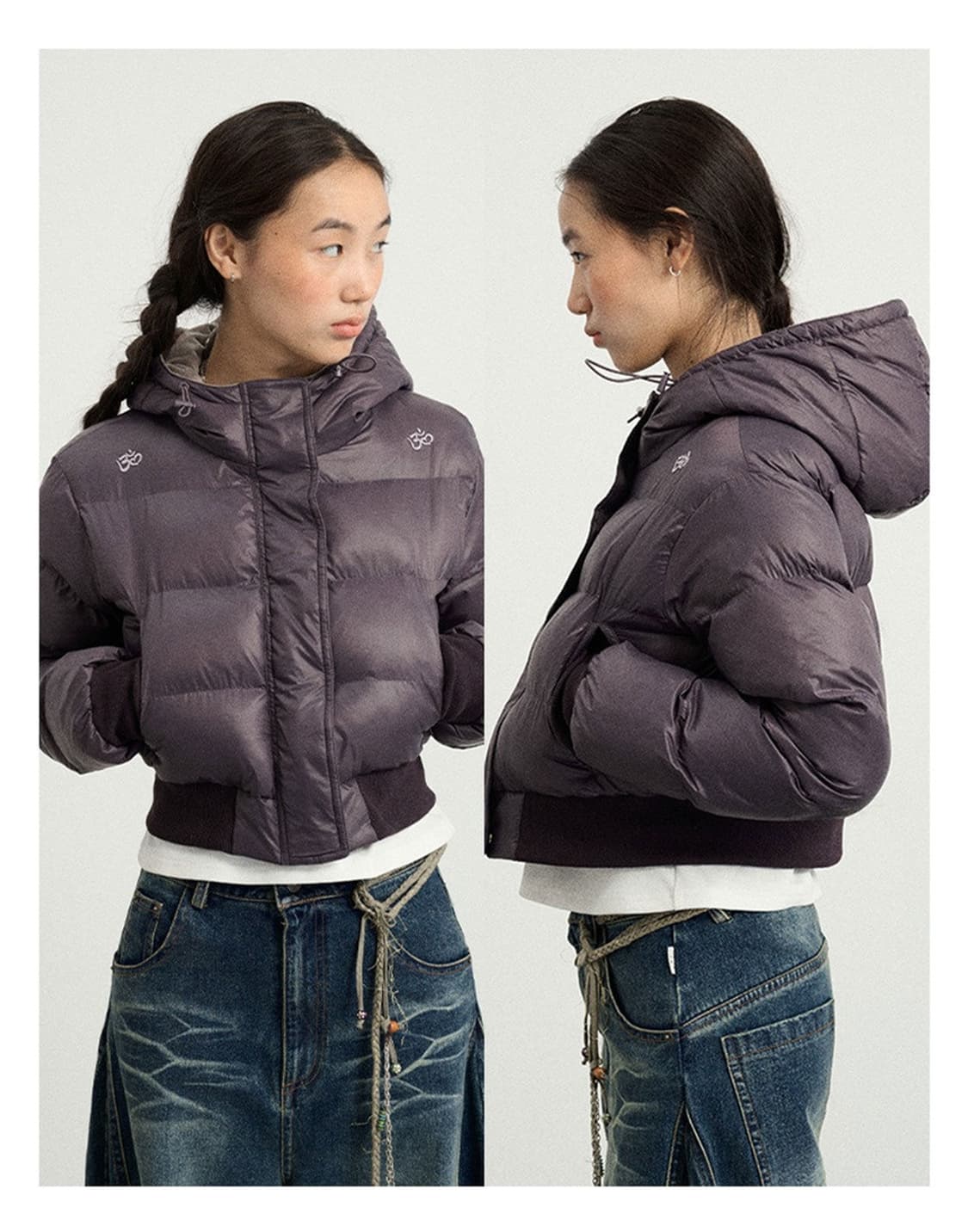 아키하라 Achihara 어깨 자수 후드 숏 패딩 자켓 M 상품이미지4