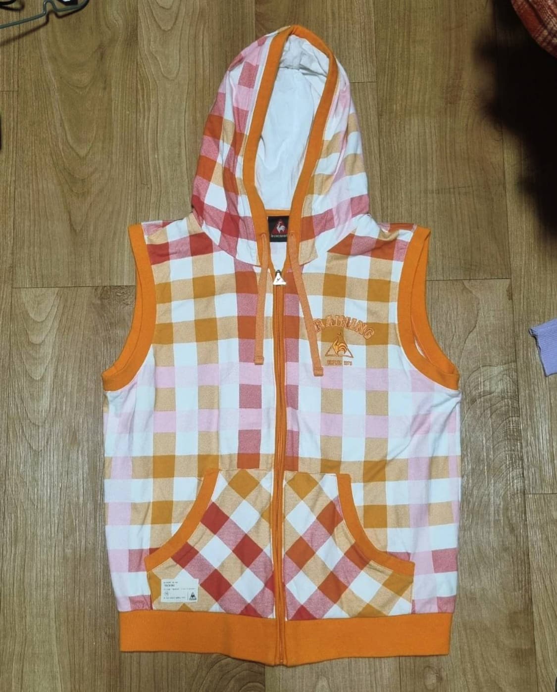 빈티지 르꼬끄 오렌지 체크 패턴 조끼 후드 집업 자켓 모리걸 레트로 상품이미지1