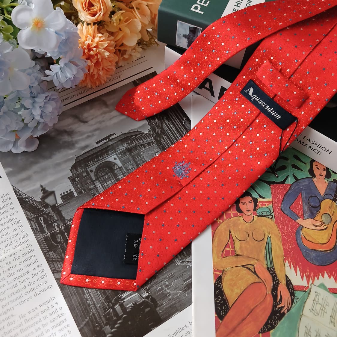 아쿠아스큐텀 실크 다홍 도트 패턴 넥타이 8.8cm S~A+등급 E934 상품이미지4