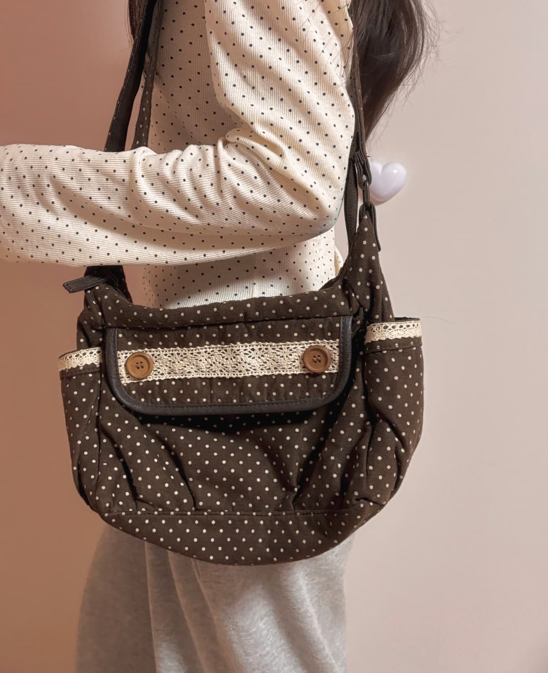 라떼갸루 모리걸 빈티지 도트 브라운 크로스백 숄더백 가방 하구미 상품이미지1