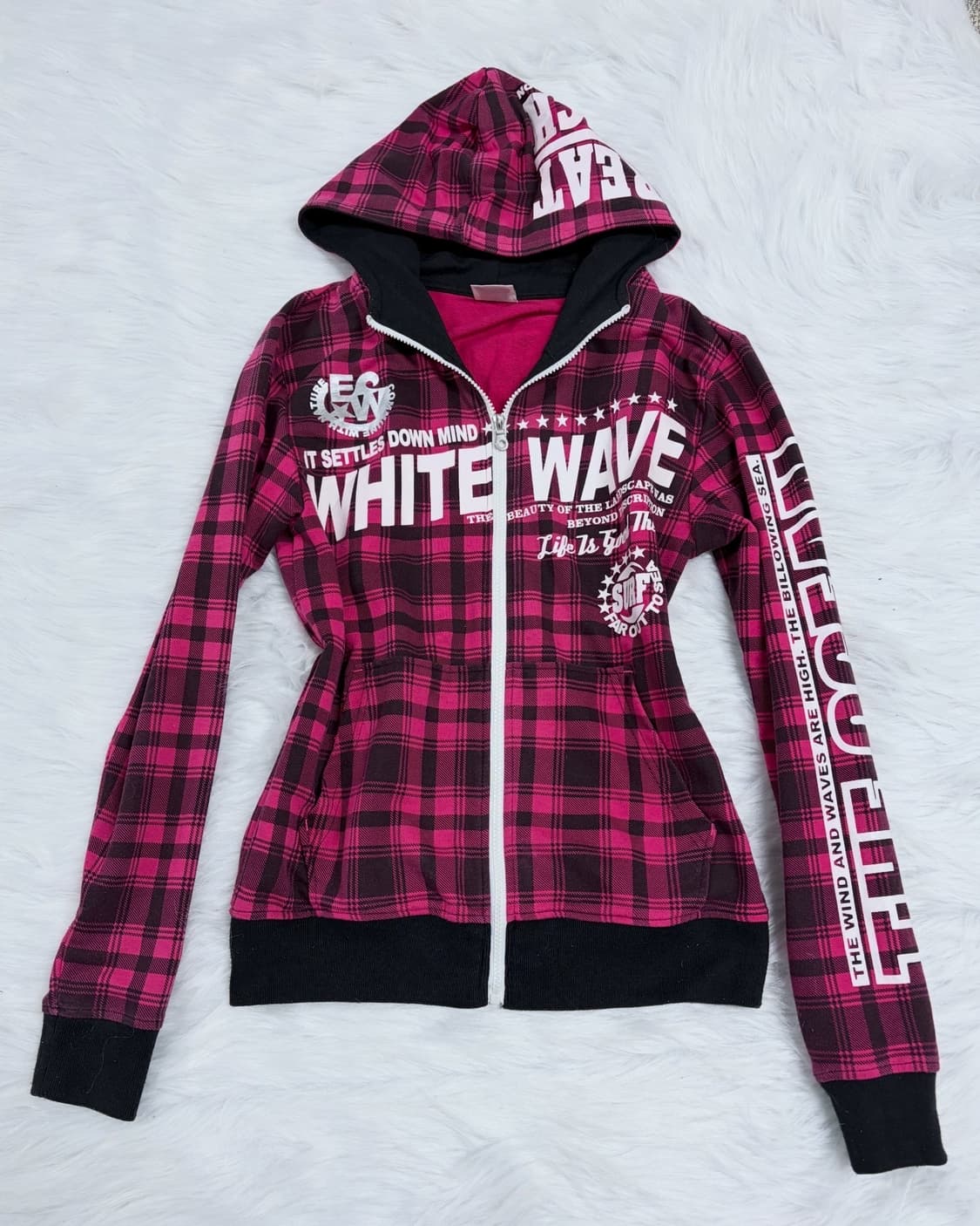 00s 갸루펑크 핫핑크 체크 레터링 후드집업 상품이미지4