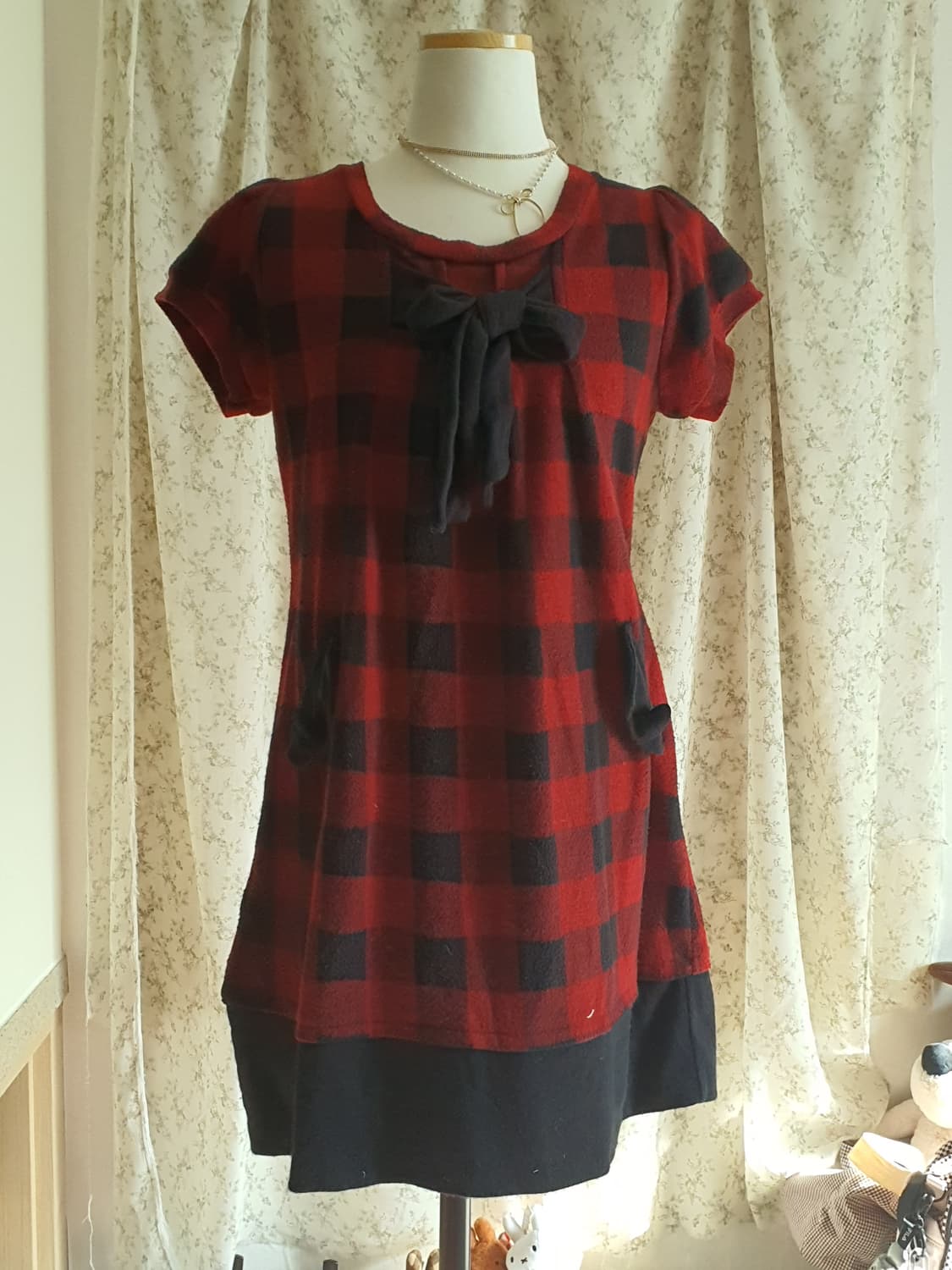 [모리걸] 레드 체크 리본 반팔 원피스 상품이미지1