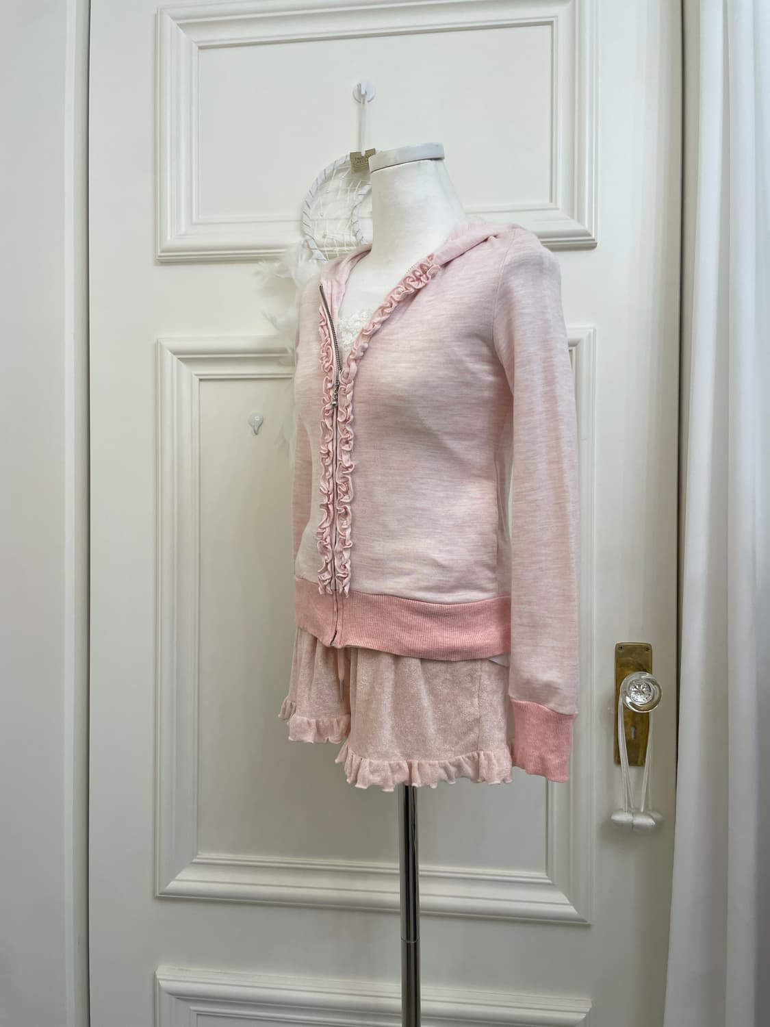 cute pink ruffle hoodie-zip&white lace s 상품이미지2