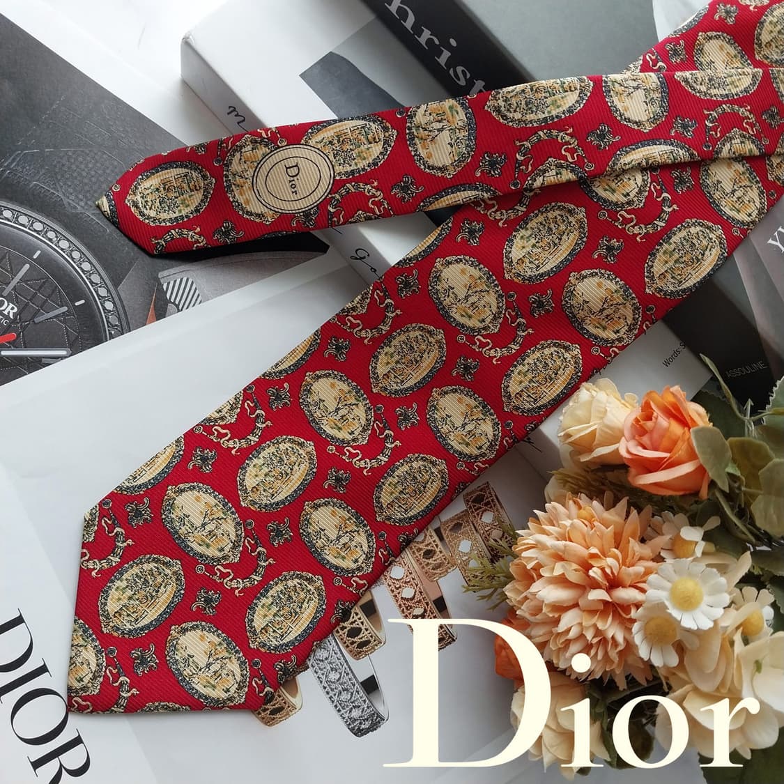 크리스찬 디올 넥타이 레드 오벌 아트 패턴 9.5cm A+등급 K2562 상품이미지2