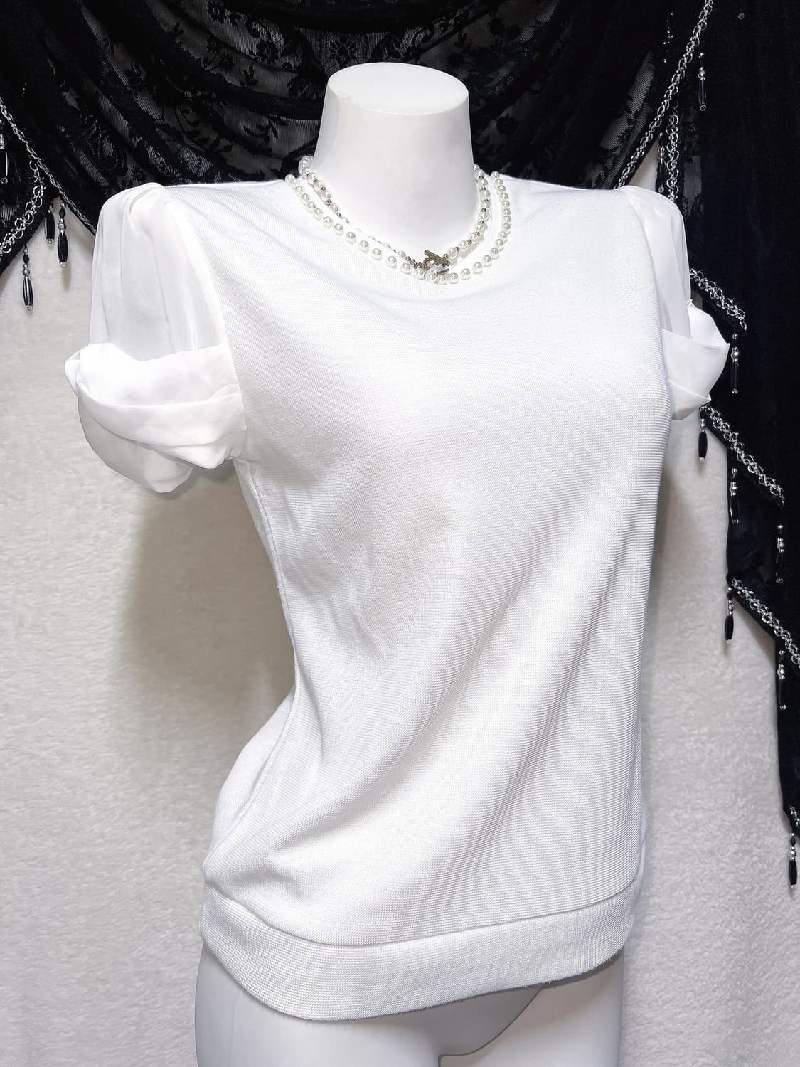 로맨틱갸루 히메 페미닌 진주 화이트 퍼프리본 반팔 로걀탑 핀터 러블리 상품이미지1