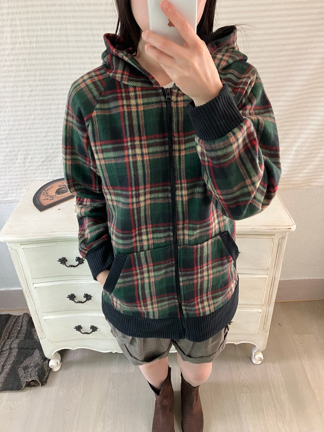 jpn vintage 그린레드 체크 후드집업 y2k 스트릿 갸루 펑키   상품이미지3