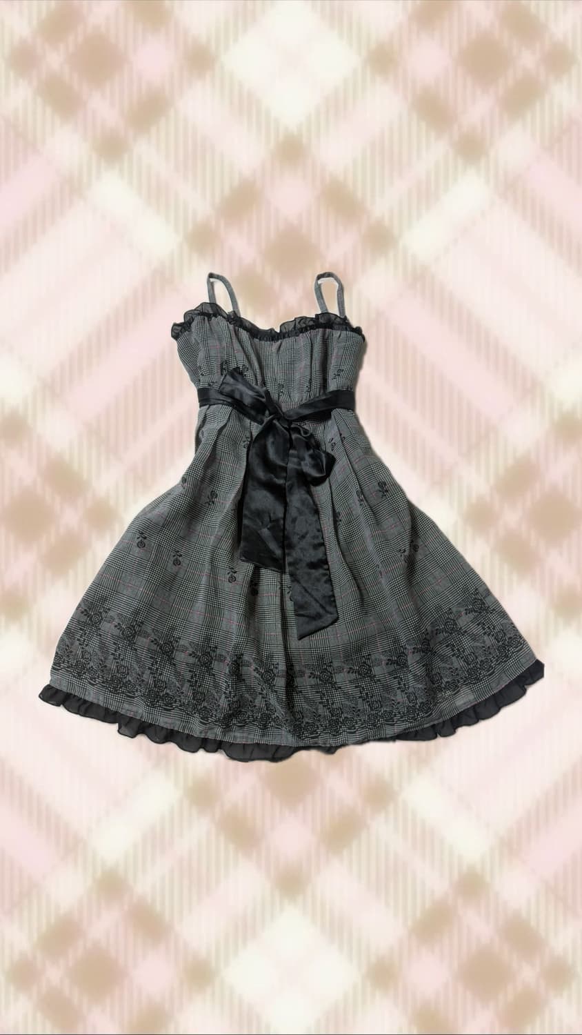 블랙 차콜 그레이 체크 리본 원피스 오네 갸루 오리엔탈 고스 빈티지 상품이미지1
