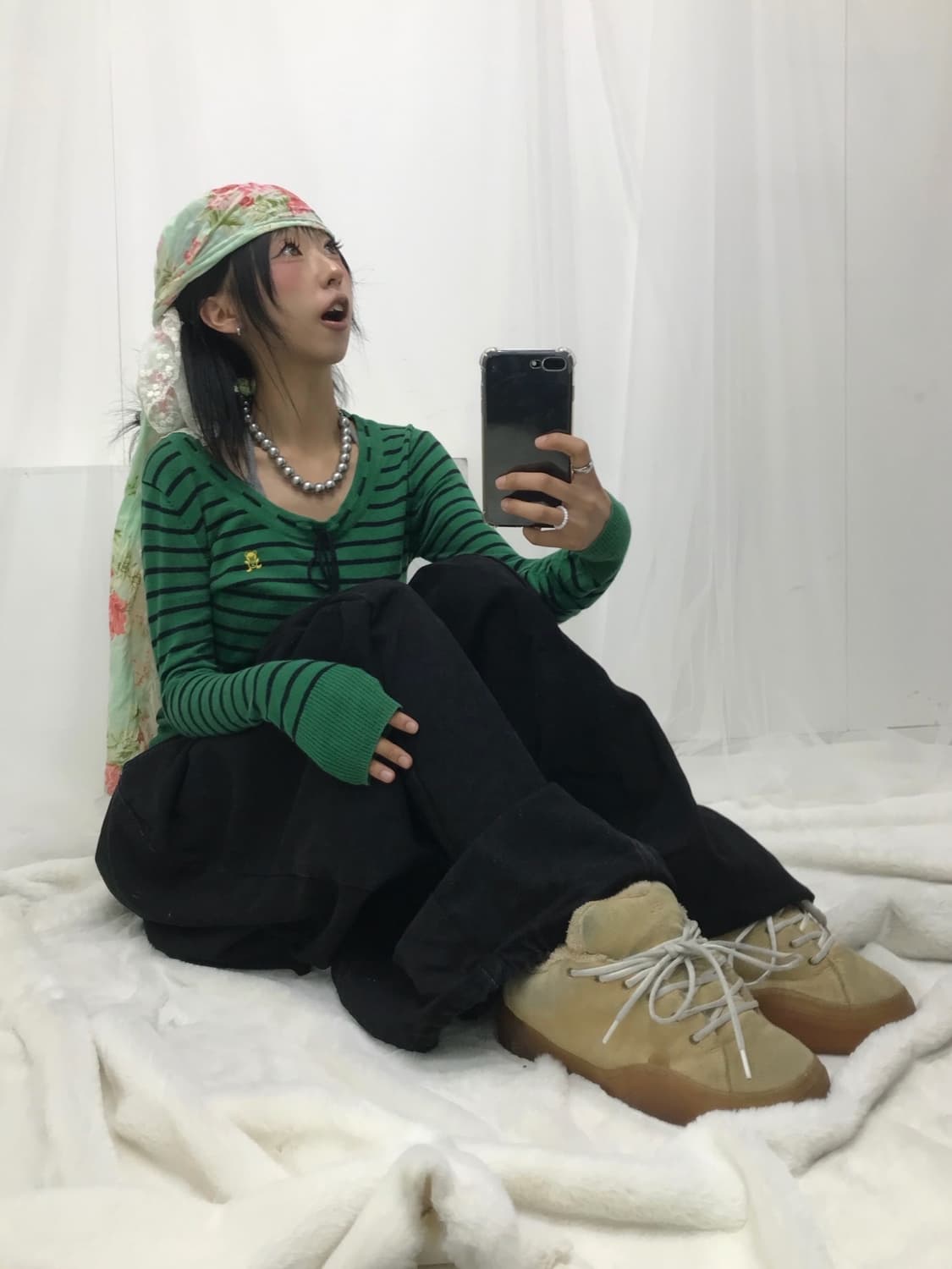 히스테릭글래머 퍽베어 스트라이프 리본 디테일 얇니트 상품이미지2