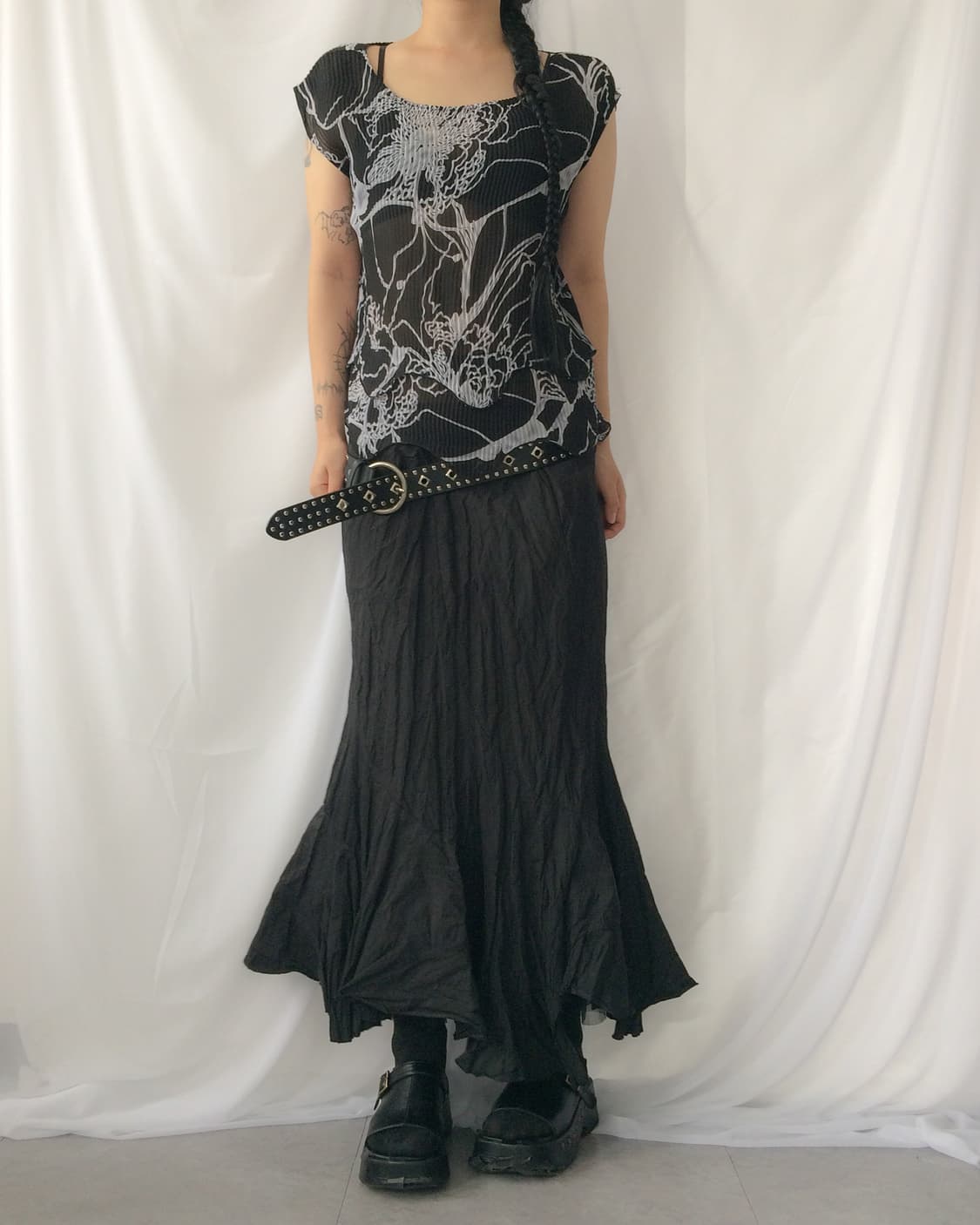 pattern printing pleat blouse sleeveless 상품이미지1