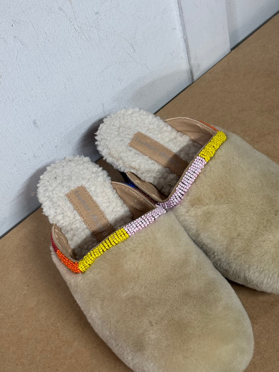츠모리 치사토 빈티지 에스닉 비즈 퍼 우드 클로그 뮬 상품이미지1