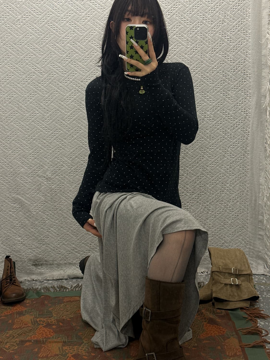 빈티지 러블리 땡땡이 도트 목폴라 슬림핏 롱슬리브 K0088 상품이미지1