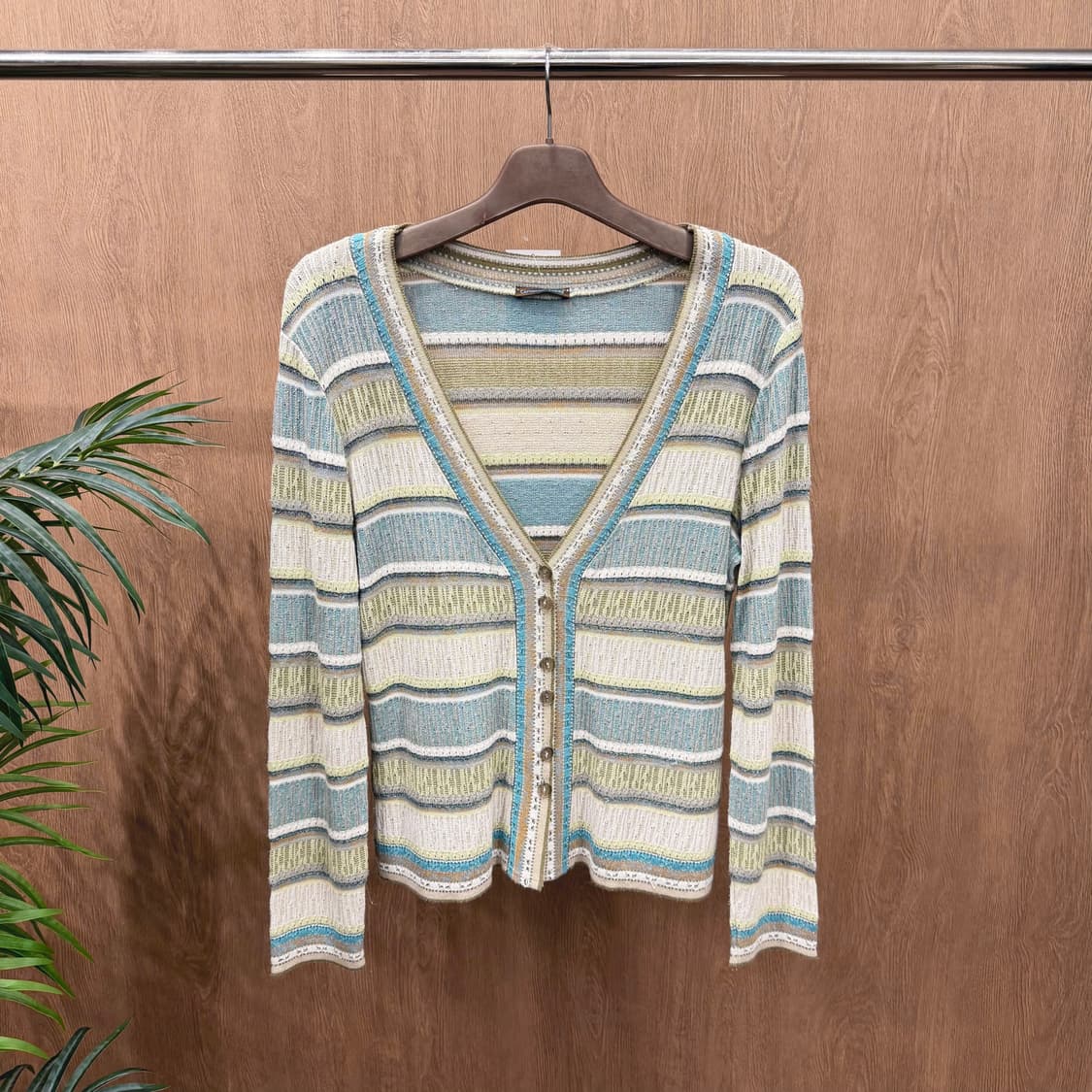 캐서린 안드레 스트라이프 니트 가디건 멀티 텍스처 배색 디테일 민트 블루 상품이미지1