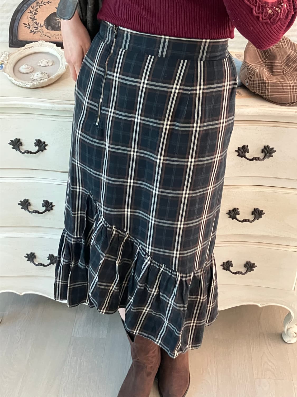 jpn vintage 딥그린 체크 프릴 롱 스커트 y2k 스트릿 갸루 펑 상품이미지5