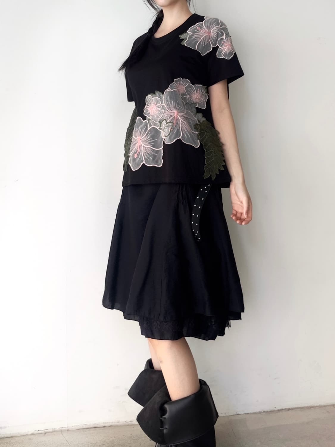 shirring lace mix skirt / black 상품이미지7