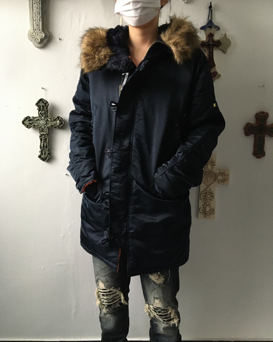 Alpha inderstries navy fake fur hood jum 상품이미지1