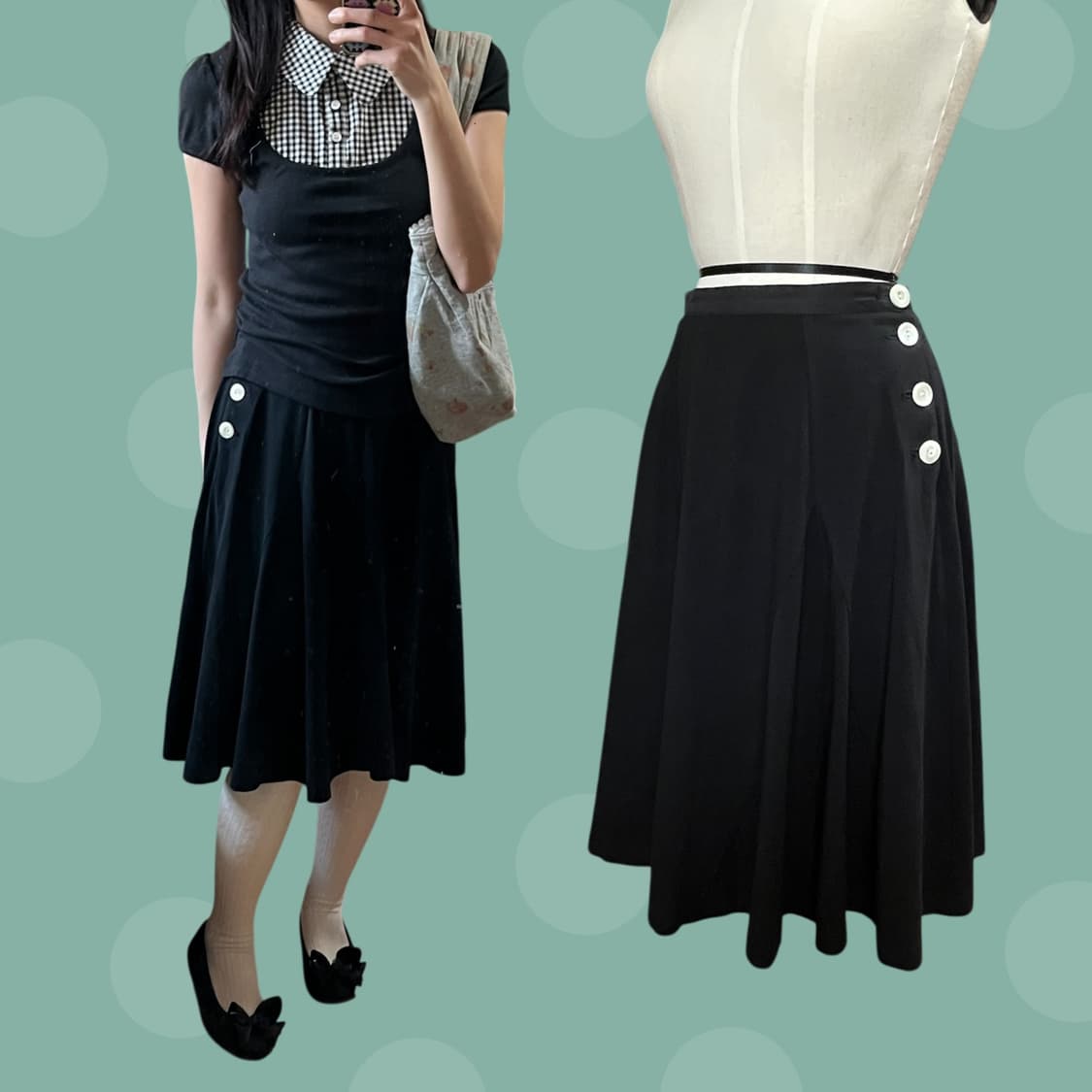 프렌치 시크 단추 포인트 절개 블랙 미디스커트 상품이미지2