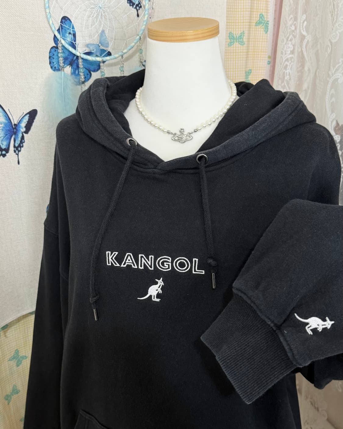 캉골 블랙 오버핏 로고 후드 티셔츠 상품이미지4