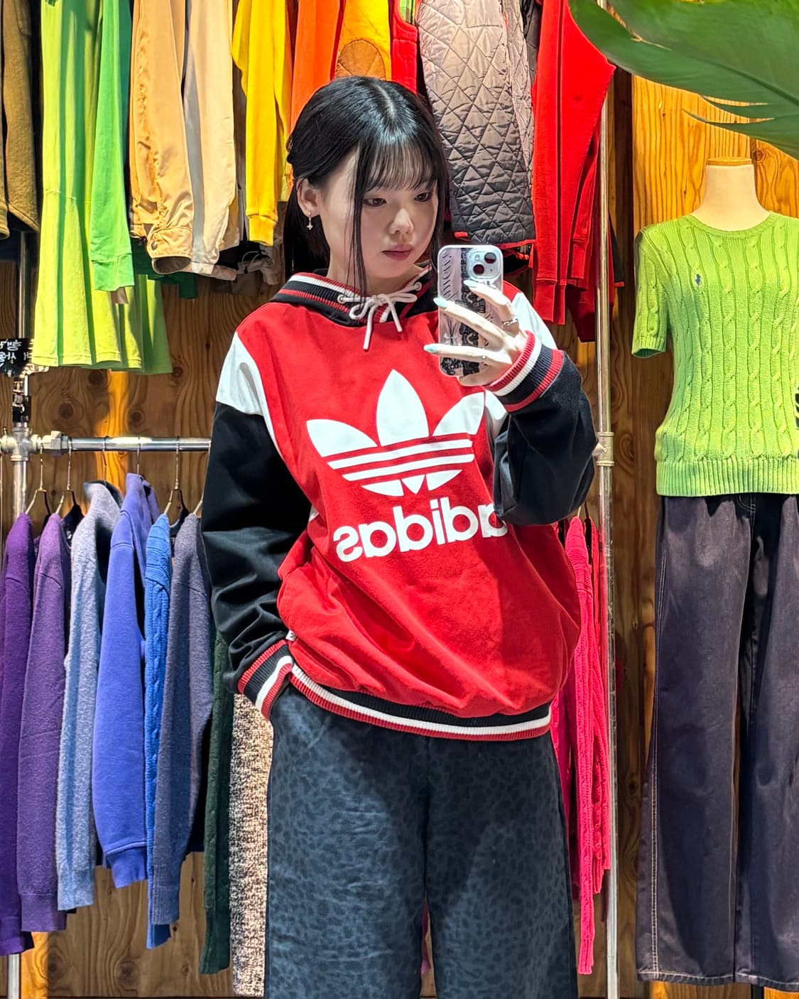 M 아디다스 빅로고 배색 레드 후드티 상품이미지1