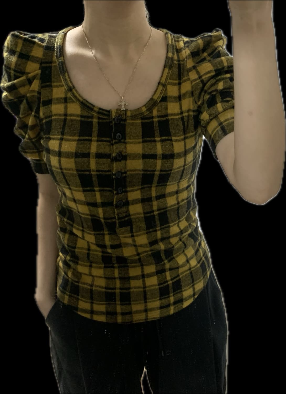 체크 퍼프소매 반팔 티셔츠 상품이미지3