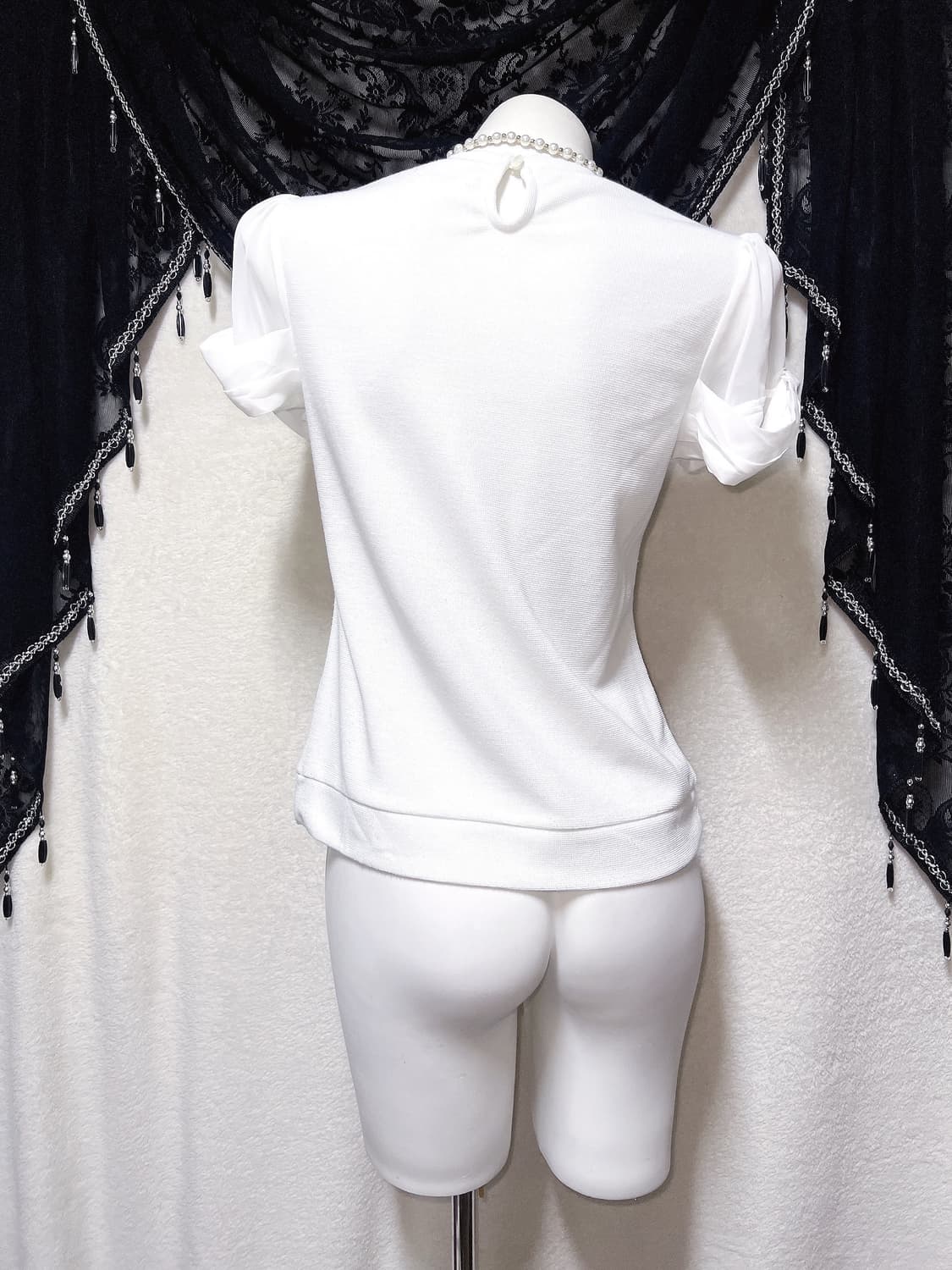 로맨틱갸루 히메 페미닌 진주 화이트 퍼프리본 반팔 로걀탑 핀터 러블리 상품이미지8