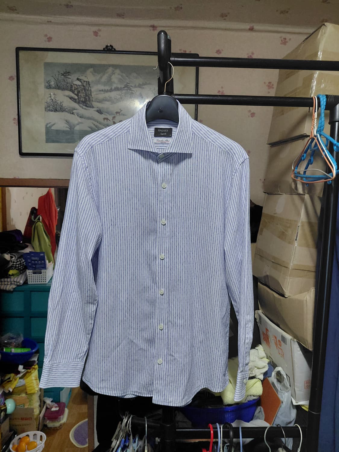 [갤럭시]수젤로 면,마 혼방 블루 도비 스트라이프 셔츠 95 상품이미지1