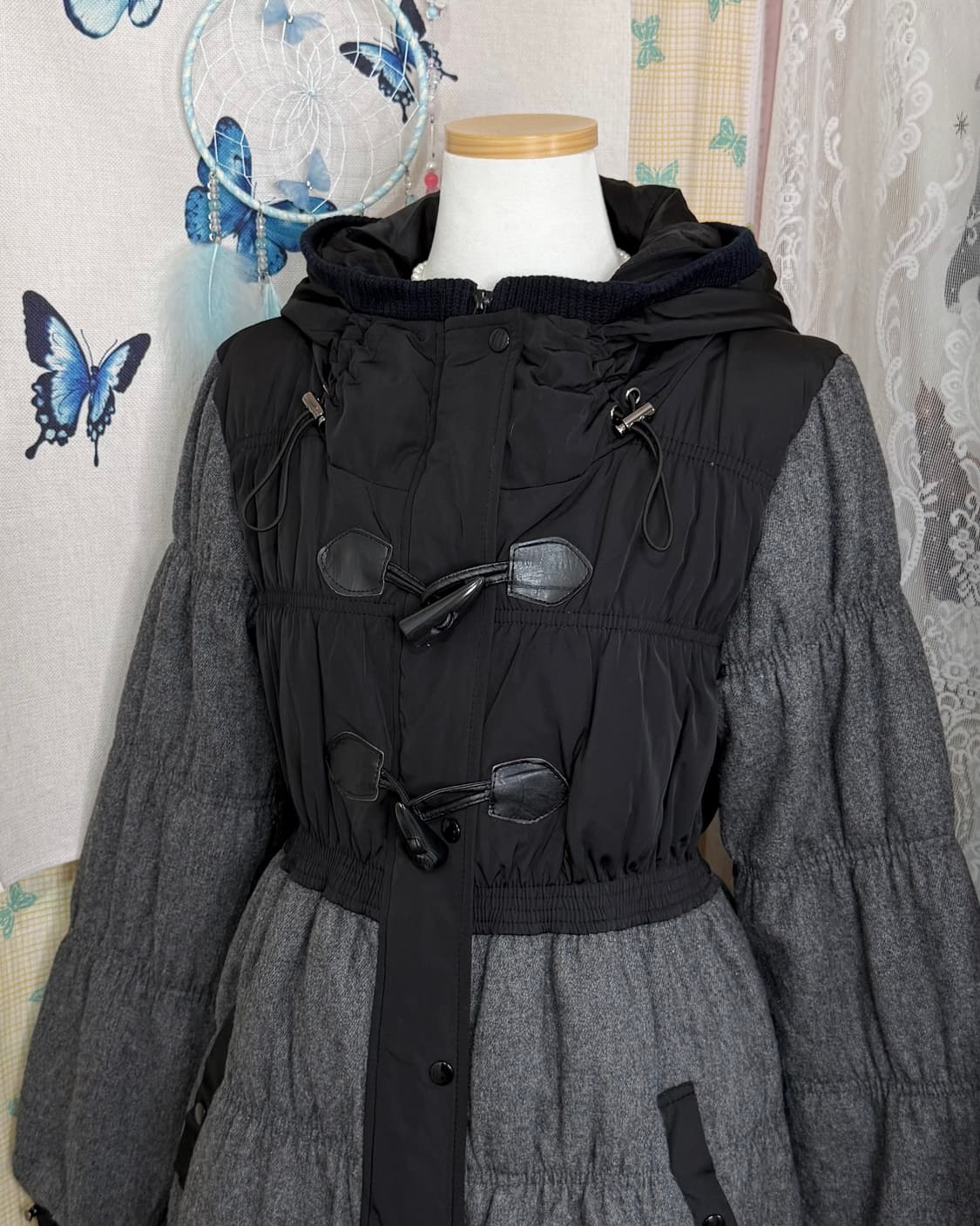 블랙 & 그레이 후드 더플 패딩 자켓 상품이미지1