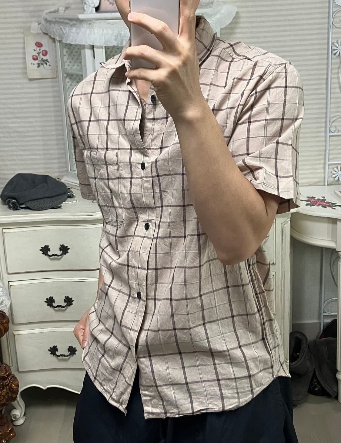 빈티지 초코 브라운 TNC 서프 디자인 체크 반팔 셔츠 892 y2k 스 상품이미지1