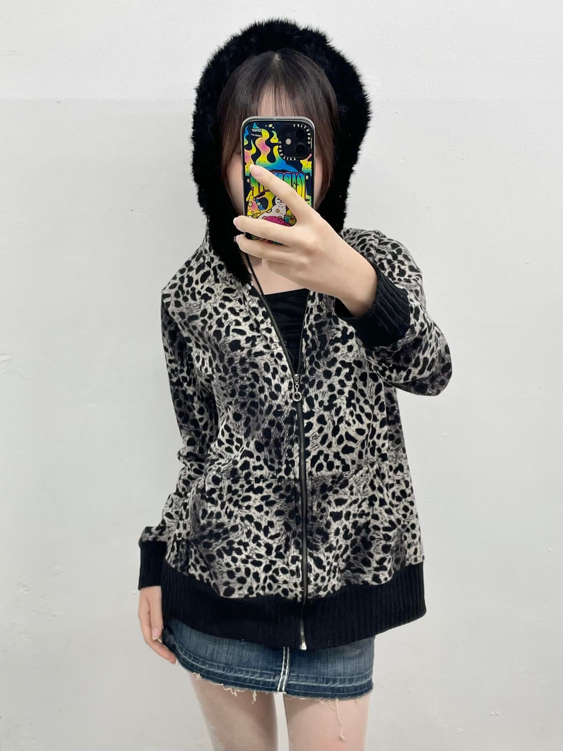 갸루 블랙 레오파드 퍼집업🖤 상품이미지4