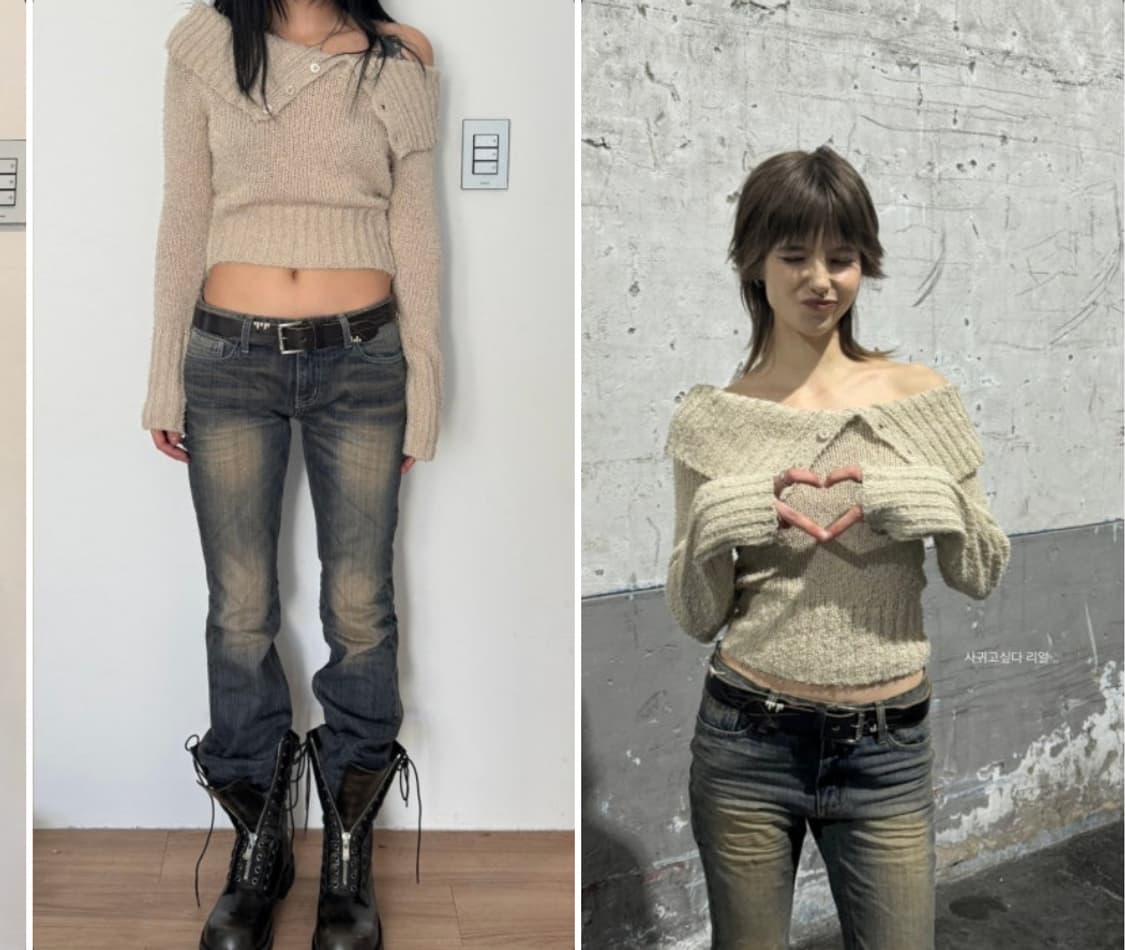 보헤미안서울 ribbed 버튼 오프숄더 니트 브라운  상품이미지2