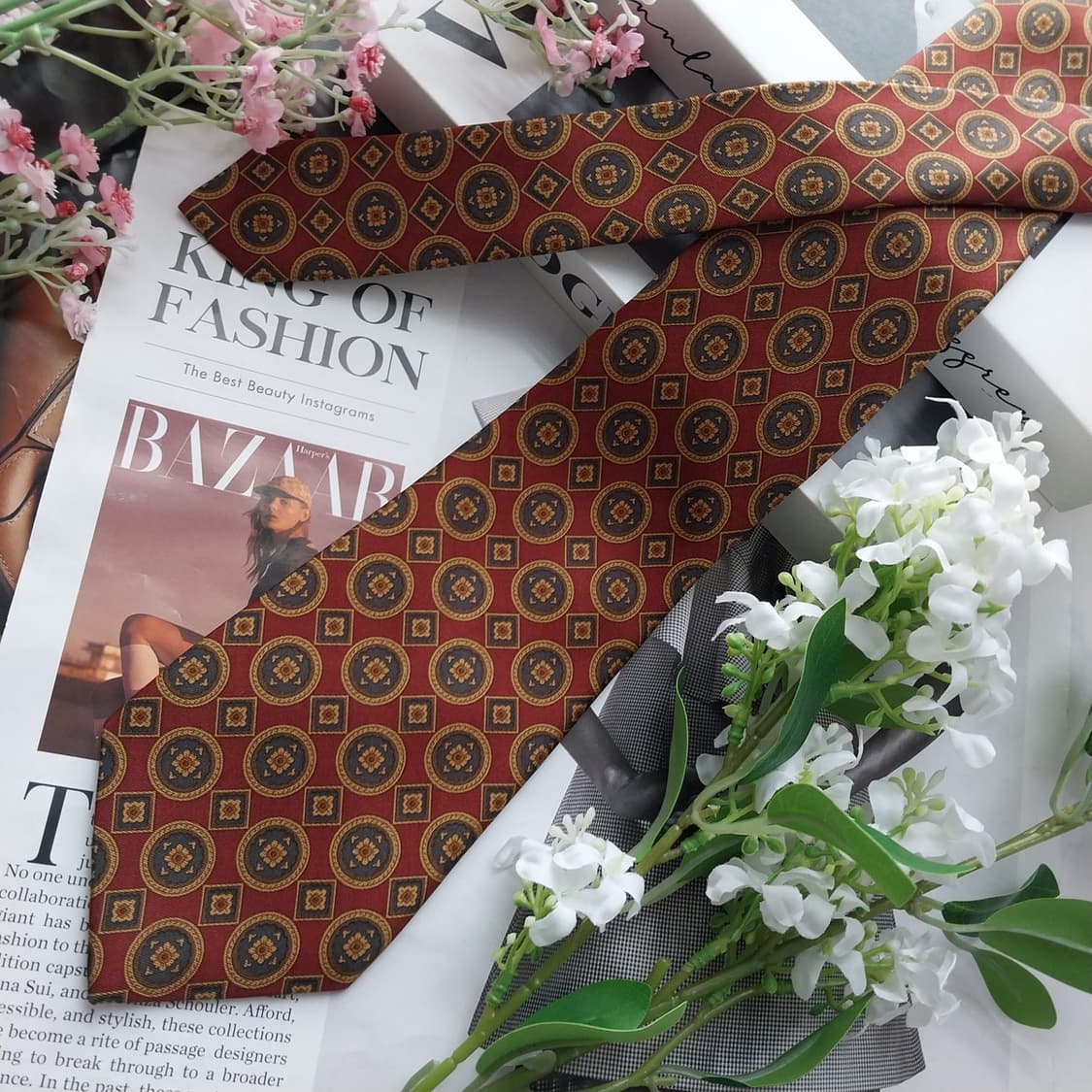 리첼 실크 와인 브라운 패턴 넥타이 8.9cm A+등급 K2460 상품이미지4