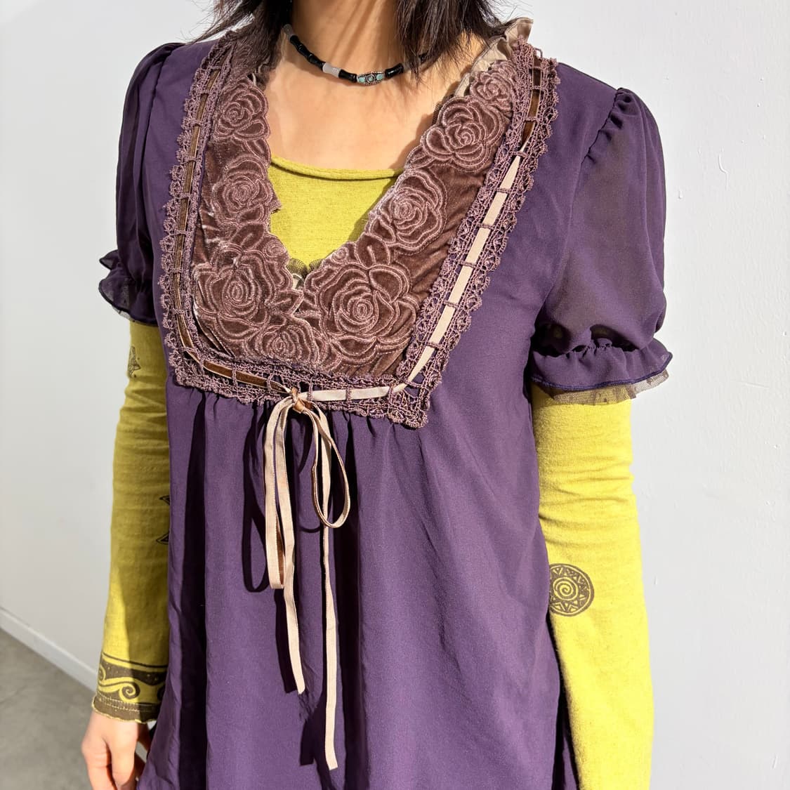 액시즈 팜 자주빛 레이스 꽃 반팔 레이어드 원피스 상품이미지2