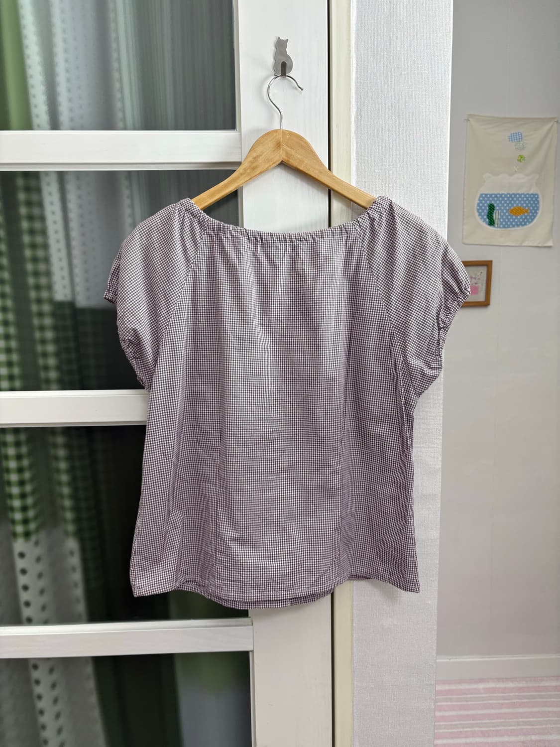 퍼플 체크 반소매 블라우스 상품이미지5