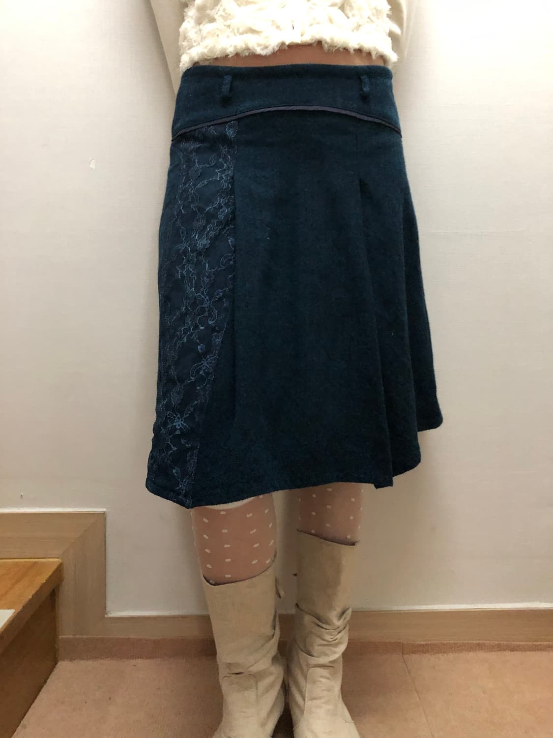 빈티지 다크네이비 레이스 울 플리츠 스커트 상품이미지3