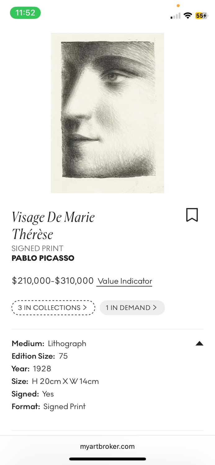 파블로 피카소 마리 테레즈 공식 라이센스 정식 판화 작품 그림 가격제시 상품이미지2