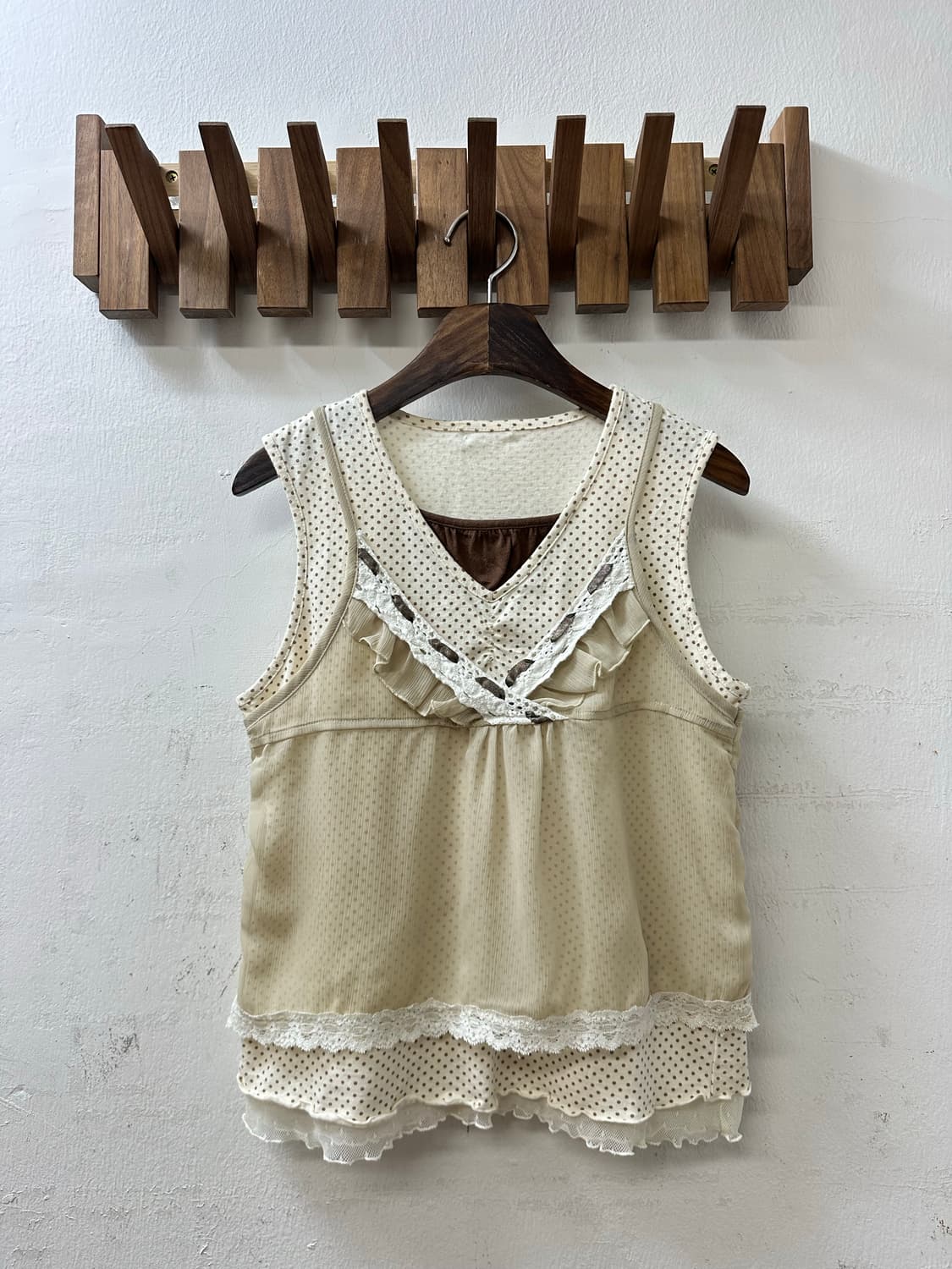 일본빈티지 도트 레이스 레이어드 프릴 페어리 슬리브리스 탑 상품이미지1