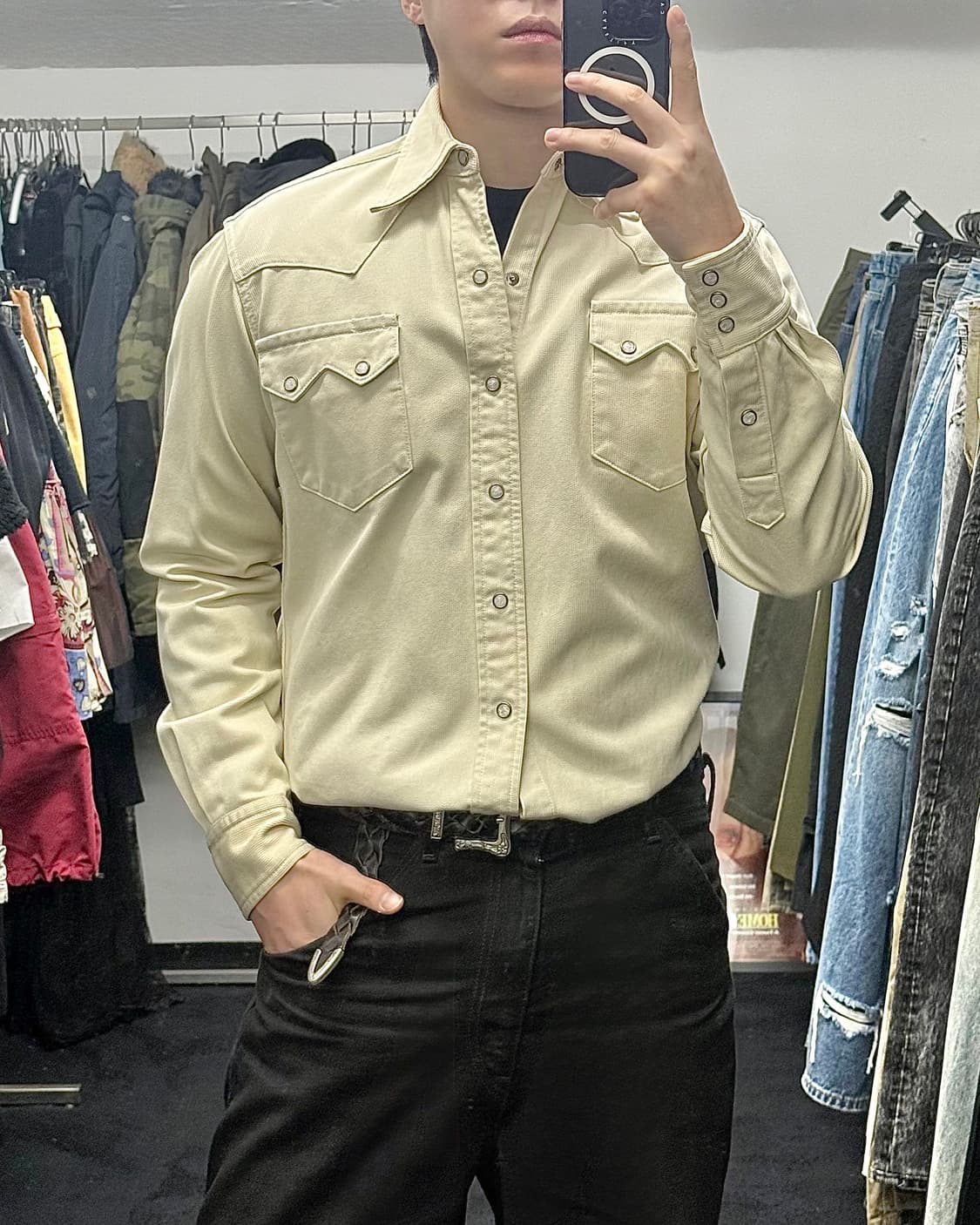 데님 클래식 웨어 코튼 웨스턴 워크셔츠 자개 단추 베이지 빈티지 아메카지 상품이미지1