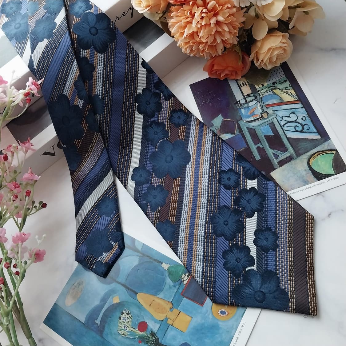 나보뜨 파리 실크 플라워 스트라이프 넥타이 9.6cm 새상품 K1459
 상품이미지2