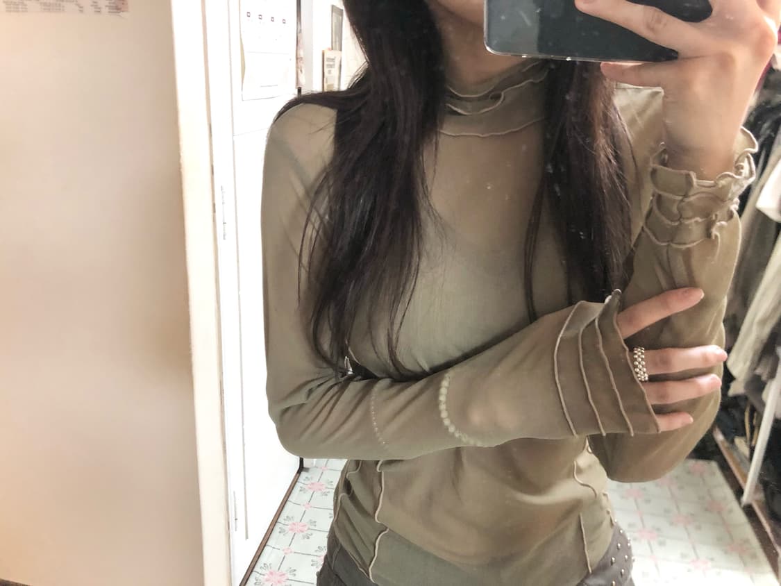 매쉬 레이스 목폴라 티 상품이미지1