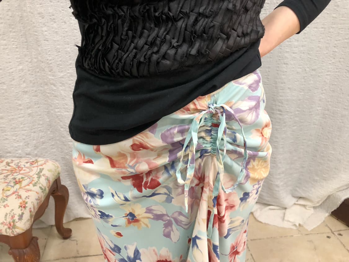 Mint floral string satin skirt 상품이미지1